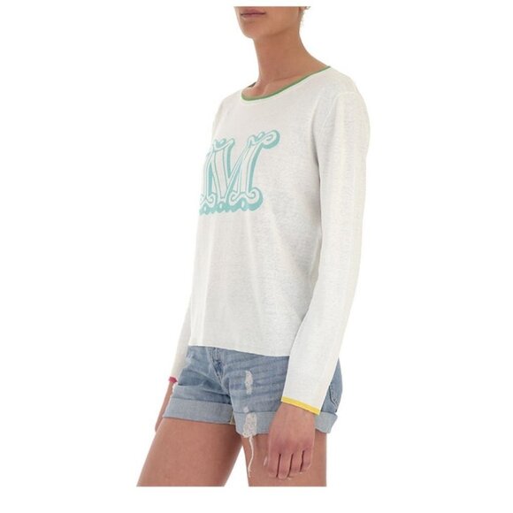 MaxMara Offwhite Long Sleeve Boat Neck  Sweater w Monogram "M" multicolor hems - Picture 8 of 12